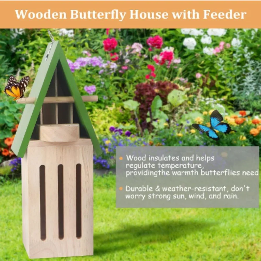 Wooden Butterfly House w/ Feeder - Wildlife World Butterfly Shelter Hotel